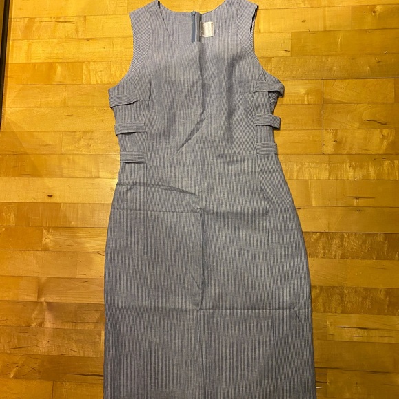 Linen Pinstripe Dress Stripe Blue Chambray Fitted Designer Discontinued Rare Art - Picture 3 of 5